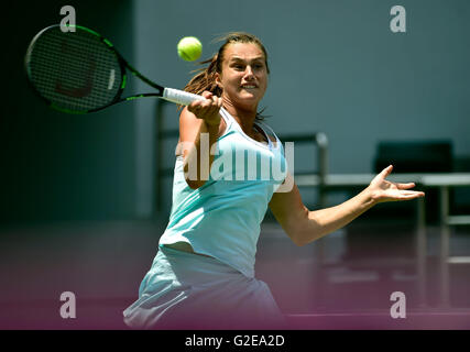 Tianjin. 29. Mai 2016. Aryna Sabalenka der Republik Belarus gibt den Ball während der Einzel-Finale gegen Nina Stojanovic von Serbien im Jahr 2016 ITF Damen Circuit in Nord-China Tianjin Municipality, am 29. Mai 2016. Aryna Sabalenka behauptete den Titel mit 2: 1. © Yue Yuewei/Xinhua/Alamy Live-Nachrichten Stockfoto