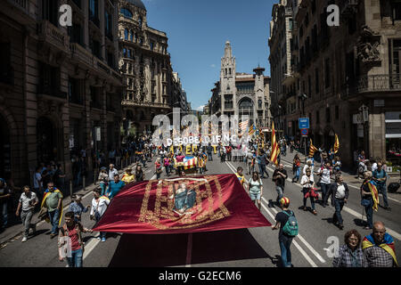 Barcelona, Katalonien, Spanien. 29. Mai 2016. Pro-Unabhängigkeit Demonstranten marschieren mit einer riesigen katalanische Flagge zum protest gegen Beschwerden der spanischen Verfassung und für die Unabhängigkeit Kataloniens durch Barcelona © Matthias Oesterle/ZUMA Draht/Alamy Live News Stockfoto