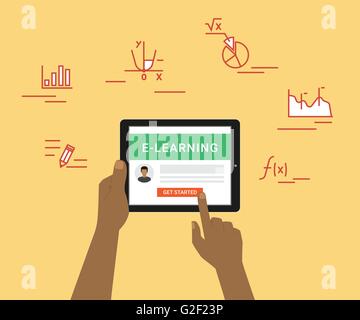 E-Learning Konzept Darstellung der menschlichen Hand arbeiten mit tablet-pc Stock Vektor