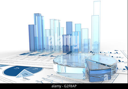 Makro-Ansicht von 3D Rendern von Finanzdokumenten mit Pie Diagrammen aus Glas. Stockfoto