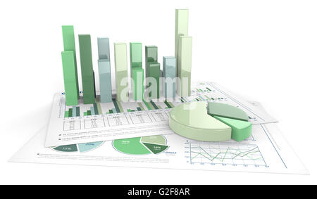 3D-Render grüne finanziellen Dokumente mit Grafiken und Kreisdiagramme aus Glas. Stockfoto