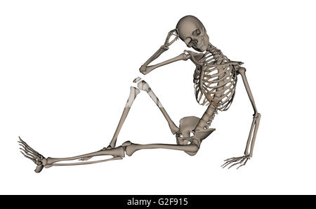 Vorderansicht eines menschlichen Skeletts posieren, isoliert auf weißem Hintergrund. Stockfoto