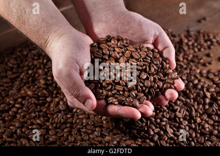 Männliche Arbeiter Hände halten frisch gerösteten dunkle Espresso Kaffeebohnen Stockfoto