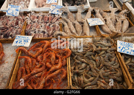Garnelen und Tintenfisch frischen Fisch zum Verkauf an Fisch und Obst Straßenmarkt in Omonia Monastriki Agora Athens. Stockfoto
