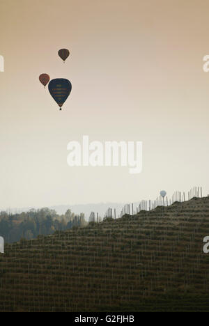 Drei heiße Luftballons fliegen über Weinberg, Italien Stockfoto