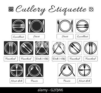Besteck-Etikette. Tisch-Etikette. Satz des Essens Utensilien Etikette Symbole. Essen Essen, Regeln und Verhaltensweisen. Tischmanieren und fin Stockfotografie