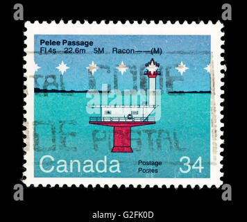 Briefmarke aus Kanada, die Darstellung des Pelee Passage Leuchtturms. Stockfoto