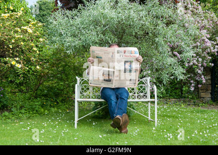 Ein Mann liest die Financial Times im Garten Stockfoto