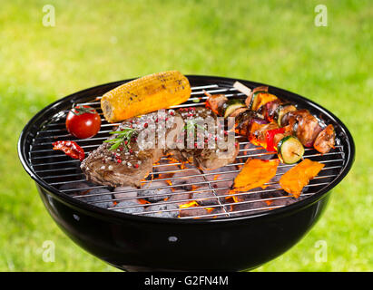 Verschiedene Arten von Fleisch auf Grill serviert mit Rasen auf Hintergrund Stockfoto