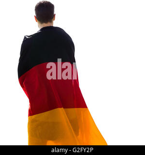 Rückansicht der Mann trägt deutsche Fahne Stockfoto