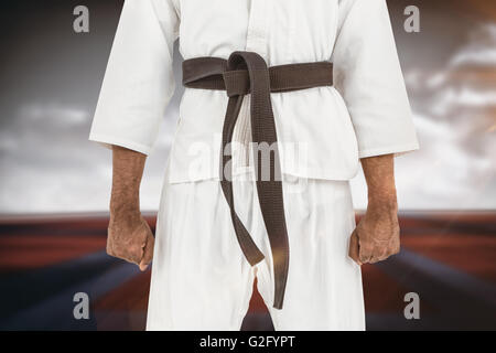 Das zusammengesetzte Bild im mittleren Abschnitt des Karate player Stockfoto