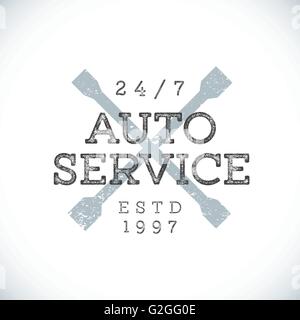 Vektor-farbigen Oldtimer Auto Service Logo mit Rad Schraubenschlüssel Kreuz Grunge texturiert Zeichen isoliert hellen Hintergrund Stock Vektor