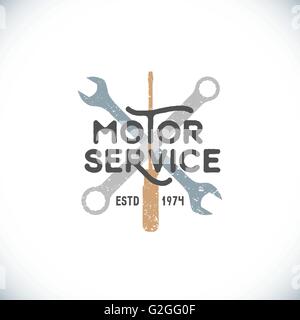 Vektor-farbigen Vintage motor Service Logo gekreuzt Schraubenschlüssel und Schraubendreher Grunge texturiert Zeichen isoliert hellen Hintergrund Stock Vektor