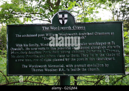 Die Mitteilung an die Wordsworth Gräber auf dem Friedhof der St. Oswalds, Grassmere im englischen Lake District. Stockfoto