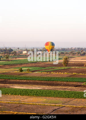 Ein Heißluft-Ballon schwebt über Farmland am Westufer des Nils in Luxor, Ägypten Stockfoto