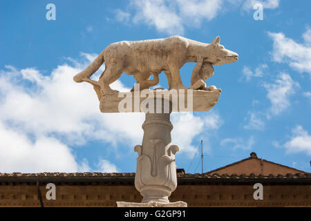 Eines der "she wolf" Skulptur platziert in der Nähe der Kathedrale von Siena mit Himmel und Wolken im Hintergrund. Stockfoto