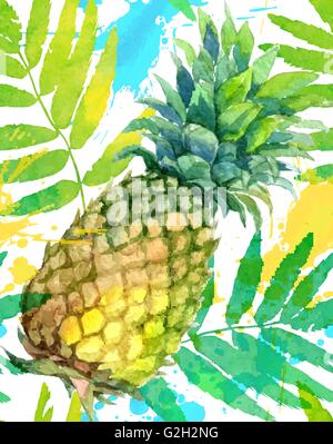 Aquarell gemalt, grüne Ananas und Blätter handgezeichneten nahtlose Muster Stock Vektor