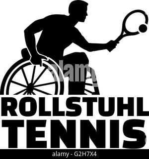 Rollstuhl-Tennis-Silhouette mit deutschen Wort Stockfoto