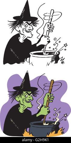 Eine Hexe rührt einen Trank in ihrem Kessel Stock Vektor