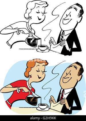Eine Frau gießt einem Mann eine Tasse Kaffee Stock Vektor