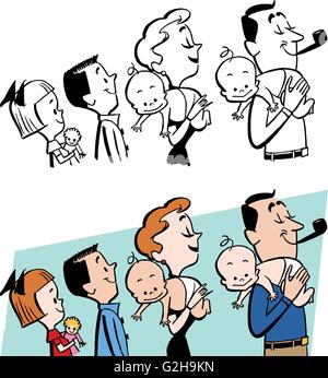 Eine glückliche Familie mit vier Kindern. Stock Vektor