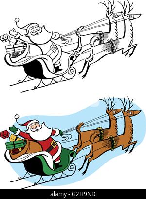 Santa Claus auf seinem fliegenden Schlitten mit Rentier Stock Vektor