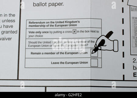 Nahaufnahme von der Briefwahl Abbildung während der 2016 UK EU-Referendum für Bias kritisiert. Stockfoto