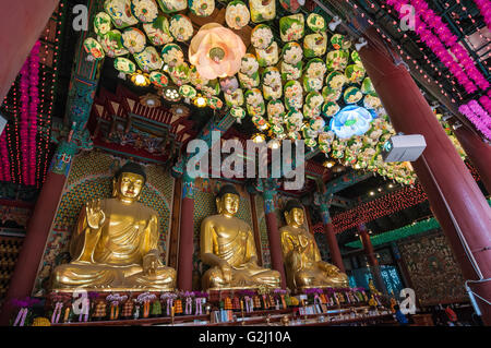 Goldenen Buddha-Statuen im Inneren Daeungjeon, Dharma Haupthalle, Jogyesa, Seoul, Südkorea Stockfoto