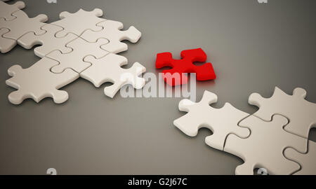 Red puzzle Teil stehend zwischen weißen Puzzle-teilen. 3D Illustration. Stockfoto