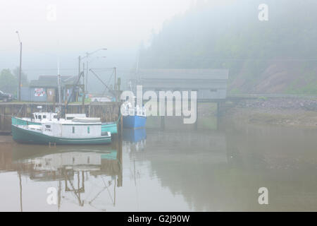 Angelboote/Fischerboote in Nebel und Vaughn Creek # 1 Irish River überdachte Brücke Saint Martins New Brunswick Kanada Stockfoto