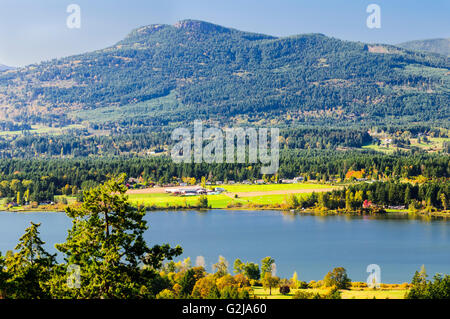 Ein Bauernhof mit Heuballen die ihrem Gebiet auf Quamichan See am Fuße des Mt. Prevost in Duncan, British Columbia. Stockfoto
