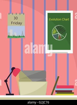 Ein Arbeitszimmer mit Lampe am Schreibtisch, Bücher und ein Drucker mit Notebook. Kalender und Chart-Grafik an der Wand. Digitale Vektor ima Stock Vektor