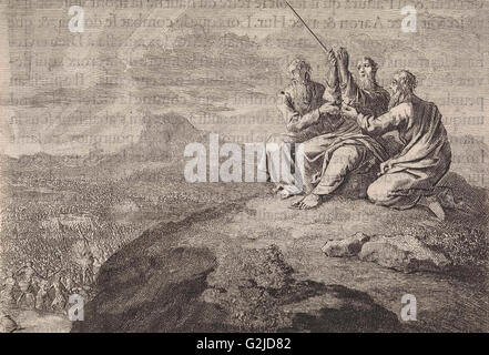 Aaron und Hur Federbein Moses Hände während dem Kampf des Volkes von Israel gegen die Amalekiter, Jan Luyken, Pieter Mortier Stockfoto
