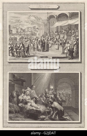 Volkszählung zu Bethlehem und die Anbetung der Hirten, Jan Luyken, Jacobus Baptist, Pieter Mortier, 1700 Stockfoto