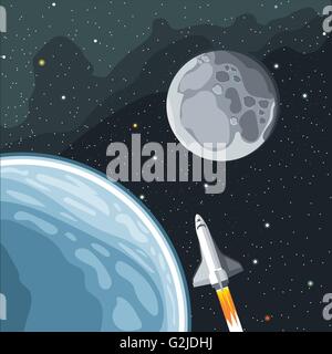 Raumschiff-Mission zum Mond. Erde und Mond im Raum anzeigen Digitale Vektorgrafik. Stock Vektor