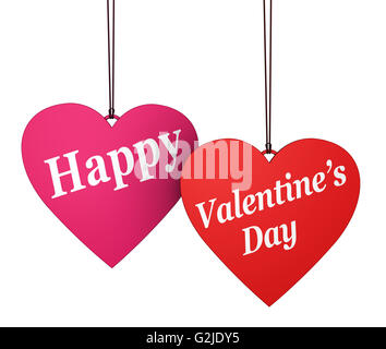 Happy Valentinstag Zeichen und Text auf zwei gehängt rot und rosa herzförmige Papieretiketten isoliert auf weißem Hintergrund. Stockfoto