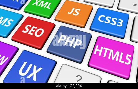 Webdesign, Internet und SEO-Konzept mit Programmierung Sprache Zeichen auf bunte Computer-Tastatur-Tasten. Stockfoto