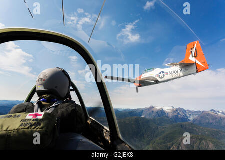 Zwei t-28 Trojan Zweiter Weltkrieg-Oldtimer-Flugzeuge fliegen in Formation über Port Alberni Port Alberni Vancouver Island British Stockfoto