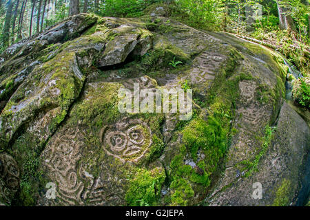 Nuxalk Petroglyph, gemäßigten Regenwald, Bella Coola, Küsten Britisch-Kolumbien Stockfoto