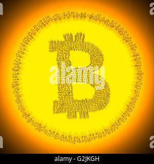 Golden strahlende digital Blockchain Bitcoin Technologie-Logo. Abbildung einer elektronischen dezentrale Krypto Währung Münze. Stockfoto