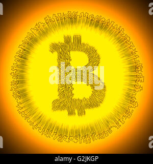 Gezahnte golden strahlende Bitcoin-Logo. Abbildung einer digitalen dezentrale Kryptowährung Münze. Stockfoto