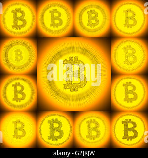 Goldene Hand gezeichnete Bitcoin-Logo. Collage eines digitalen dezentrale Krypto Währungssymbole. Stockfoto