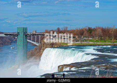 International-Regenbogen-Brücke über die Schlucht des Niagara Rivers von amerikanischer Seite in der Nähe von Niagara Falls. Es ist eine Bogenbrücke zwischen den Vereinigten Staaten von Amerika und Kanada. Touristen in der Nähe Stockfoto