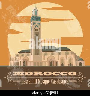 Königreich Marokko Sehenswürdigkeiten. III der Hassan-Moschee in Casablanca. Retro-Stil Bild. Vektor-illustration Stock Vektor