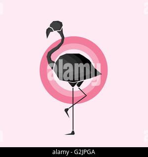 Geometrische schwarzen Flamingo in Grundzügen in rosa Kreise über einen hellrosa Hintergrund. Digitale Vektorgrafik. Stock Vektor