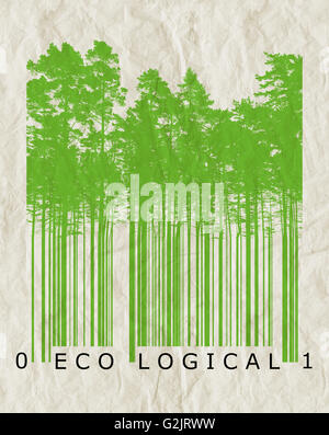 Ökologische Naturprodukt bar-Code-Konzept mit grünen Bäumen Silhouetten über alte Papierstruktur Stockfoto