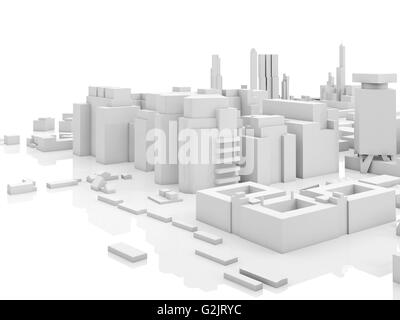 Abstrakte zeitgenössische Stadtansicht, 3d Render Illustration auf weißem Hintergrund mit weichen Reflexionen über Boden Stockfoto