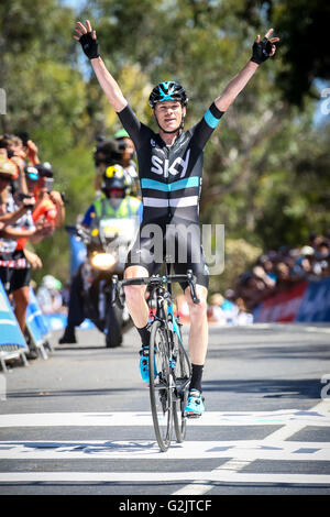 MELBOURNE, Australien - 7 Februar: Chris Froome vom Team Sky gewinnt Etappe 4 und das gelbe Trikot der Jayco Herald Sun Tour 2016 Stockfoto