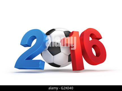 2016 Jahr illustriert mit einem klassischen Fußball, farbige französische Fahne, isoliert auf weiss Stockfoto