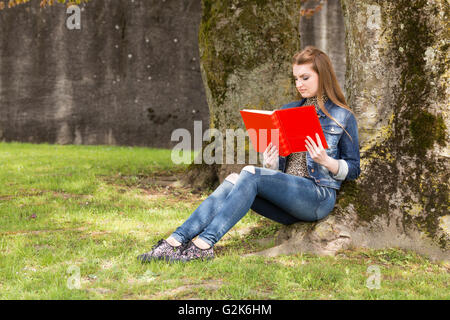 Eine junge braune dunkelhaarige Frau in blauen Jeans sitzt in einem Park und einem großen roten Buch. Stockfoto